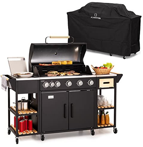 Klarstein Barbecue Gaz Camping avec 6 Brûleurs à Gaz, Plancha au Gaz de 20700W, Gril à Gaz en Acier Inoxydable, BBQ Feu a Gaz, Plancha Gaz Inox, Cuisinière Portable Camping Gaz Propane, Thermomètre