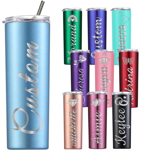 Nevaou Personalised Tumbler with Lid and Straw Custom Skinny Tumblers Name Engraved Stainless Steel Cups Insulated 20oz Frosted Blue Men Women Birthday Christmas Valentine's Day Gifts