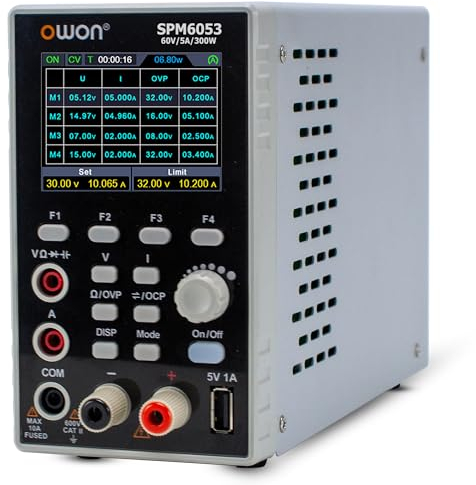 OWON Multimetro di alimentazione CC 2 in 1, funzioni multiple di protezione, dispositivo di rete da laboratorio ad alta risoluzione (10 mV/1 mA), 4 1/2 cifre multimetro (300 W/60 V/5 A/SPM6053)