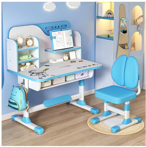 Fairnull Kinder-Tisch- und Stuhl-Sets, Kinder-Studientisch, höhenverstellbarer Kinder-Schul-Studientisch, Stuhl-Set, Astronauten-Muster, ergonomischer Schreibtischstuhl, verbreiterter Blau