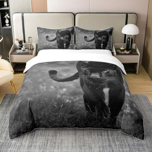Leopard 100% Natürliche Baumwolle Bettbezug für Kinder Teens Frau,Schwarzer Panther Tröster Bezug 135x200,Safari Geparden Bettwäsche Set,Wild Tier Bettbezug mit 1 Kissenbezug Leicht