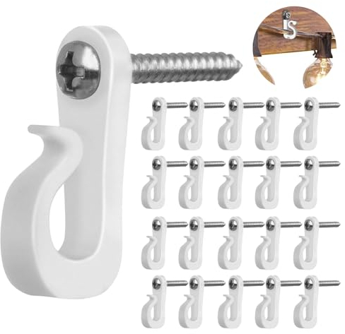 20 piezas gancho de tornillo, acero de aleación de zinc, capacidad de carga 30 libras, gancho de rosca de pared para atornillar blanco, adecuado para el hogar en el jardín con luces exteriores