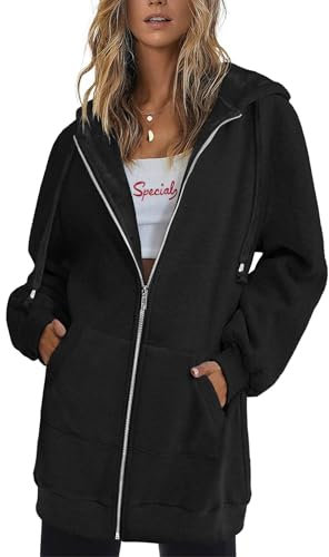 Zeagoo Damen Hoodie Warm Fleece Kapuzenjacke mit Taschen Mode Langarm Zip Oberteile Casual Lange Plain Sweatshirt mit Reißverschluss Schwarz XL