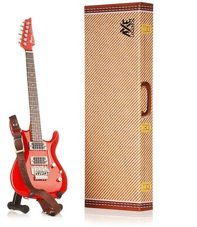 Jo Satriani Miniature Guitar | Handmade Wooden Mini Replica by Axe Legends | Includes Personalised Mini Leather Guitar Strap and A-Frame Display Stand | 25 cms Tall | Shipped in Gift Box