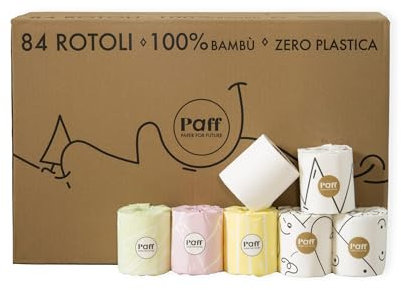 Paff - Carta igienica in cellulosa di bambù - 84 rotoli - Zero plastica - 160 strappi - adatti per hotel/bnb