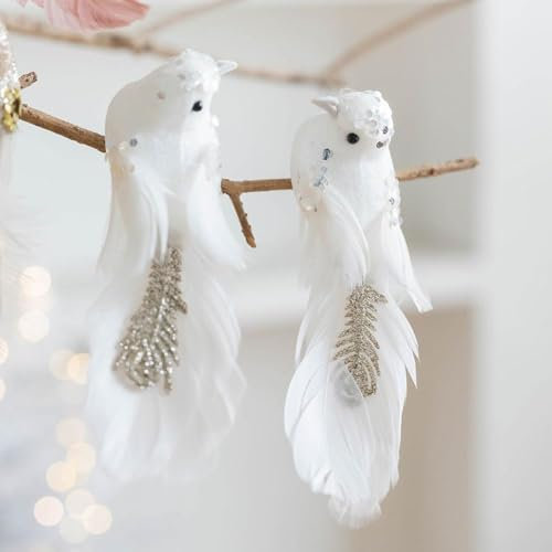 Vogel-Ornamente für Weihnachtsbaum - Gefiederter Weihnachtsschmuck Mit Auffälligem Glitzer, Feder, Schaumstoff - Künstliche Weiße Vögel für Weihnachtsbaumschmuck (2 Stück)