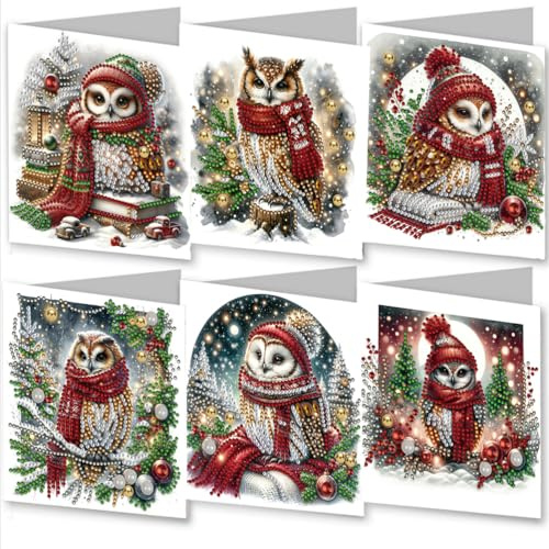 Meecaa Owl Scarf Animal Tree 6pcs Handmade 5D Diamond Painting Christmas Greeting Cards for Adults, DIY Diamond Art Postcards for Friends Family Lover Gift (15CMx30CM) (Owl)