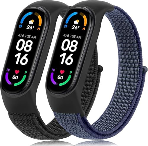 YLK 【2 Pezzi】 Cinturino per Xiaomi Mi Band 7/Mi Band 6/Mi Band 5/Mi Band 4/Mi Band 3/Amazfit Band 5, Cinturino in Nylon Sportivo per Xiaomi Mi Band 4/3/5/6/7/Amazfit Band 5 (Nero+Blu nebbia)