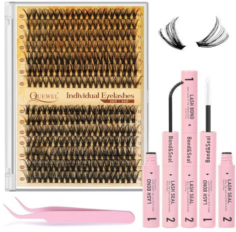 Quewel 280 PCS 30+40D Extension-Cils, longueurs mixtes 12-18 mm Faux-Cils, grappes de cils épais avec colle et pince à cils, bricolage facile à la maison (kit 30+40D)