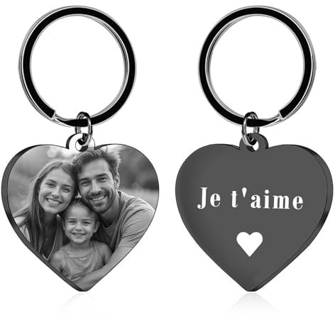 Porte-Clés Personnalisable avec Photo et Gravure Texte Double Face Porte Clef Personnalisé Cadeau pour Homme Femme Couples Amis et Famille (Cœur Noir Gravé)