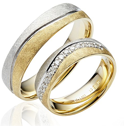 JC Trauringe Gold 585 Paarpreis Bicolor Gelbgold und Weißgold I Eheringe breit 5,5 mm I Partnerringe mit Gravur in edler Schatulle I 2 Hochzeitsringe Herrenring ohne & Damenring mit Stein I J139S