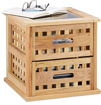 Relaxdays Beistelltisch Walnuss, quadratischer Nachtschrank aus Naturholz mit 2 Schubladen, HBT: 34 x 34 x 34 cm, natur