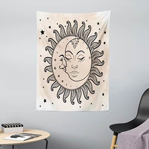 ABAKUHAUS Sketchy Wandteppich, Sonne und Mond Himmlische Komposition Tageszyklus Inspiration, aus Weiches Mikrofaser Stoff Wand Dekoration Für Schlafzimmer, 110 x 150 cm, Holzkohle Grau Tan