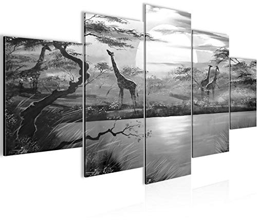 Runa Art Bild Wohnzimmer Schlafzimmer Afrika Giraffe 5 Teilig Savanne Schwarz Weiss Wandbilder auf Vlies Leinwand 000153c