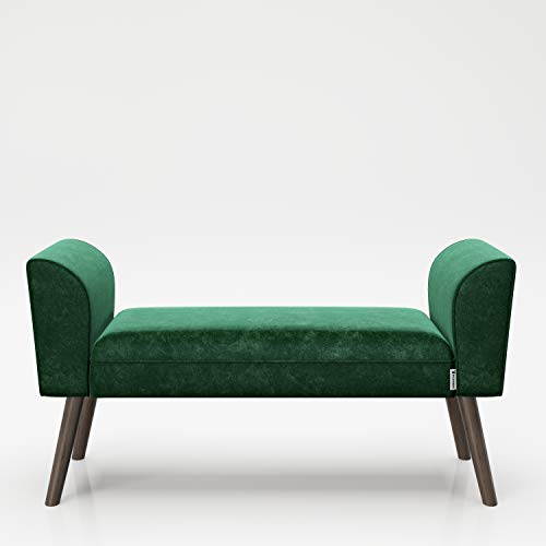 PLAYBOY Sitzbank mit Samtüberzug in Grün/Petrol und stabilen Massivholzfüssen, gepolsterte Bank aus Stoff, Sitzhocker, Fusshocker mit Samt, Retro-Design, Club-Stil für Diele- und Eingangsbereich, 100 x 54 x 30 cm