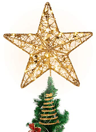Anstore Étoile de Sapin de Noël à LED Scintillante fonctionnant à Piles Décoration de Noël Doré 31 cm, Etoile Sapin Noël Pentagramme Decoration