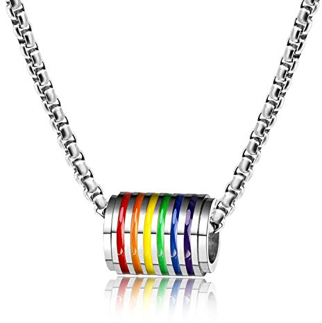 PHOGARY LGBT Kette Gay Pride Schmuck - Regenbogenperlen Anhänger mit Edelstahlkette (Silber), kleine Geschenktüte
