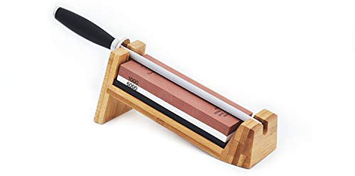 Hammer Stahl 3-Piece Knife Sharpening System | Whetstone Knife Sharpener Kit With Honing Rod | Professional Knife Sharpener For Kitchen Knives With Angled Bamboo Stand For Ultimate Razor-Sharp Edge