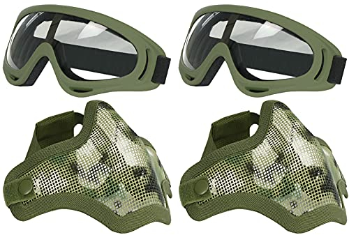 AOUTACC Airsoft-Maske und Schutzbrillen-Set, Halbgesichtsmaske aus Vollstahlgeflecht und Schutzbrille für CS/Jagd/Paintball/Schießen (2 Pack AOR2)
