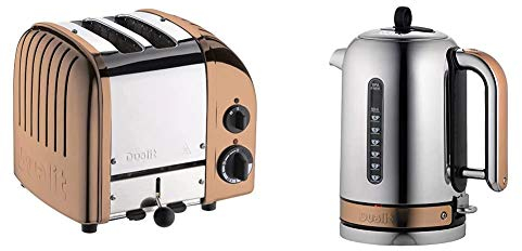 Dualit Classic 2 Slice Vario Toaster|Copper, 27450 & Classic Kettle | Polished Stainless Steel with Copper Trim | Quiet boiling kettle | 90 Second Boil Time | 1.7 Litre Capacity, 3 KW | 72820