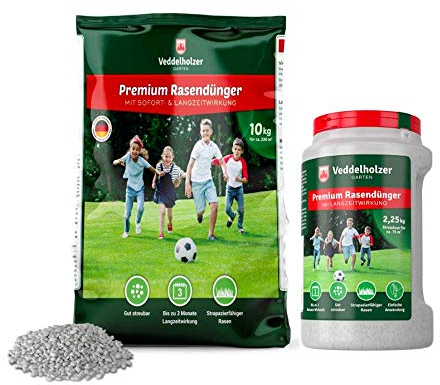 Veddelholzer Garten starker mineralischer Rasendünger mit 3 Monaten Langzeitwirkung ideal für Frühjahr und Sommer NPK 15+5+8 (+3), staubarmes Granulat, Langzeitdünger Rasen Dünger (1, 10,5Kg+2,25Kg)