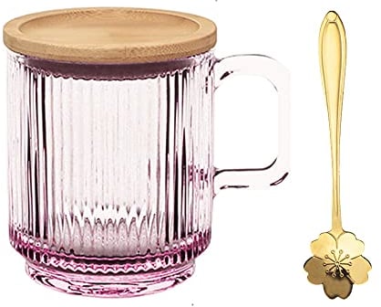 Yalucky Clear Iridescent Glass Mug with lid Cherry Blossoms Spoon Tea Mugs Coffee Glass Cup Pretty Mug for Milk Latte Chocolate Juice Water Gift for Women Girl Birthday Christmas Mother`s Day (Pink)