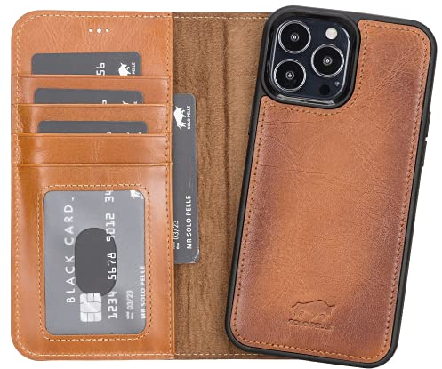 Solo Pelle Lederhülle kompatibel für iPhone 13 Pro Max in 6.7 Zoll abnehmbare Hülle (2in1) inkl. Kartenfächer für das original Apple iPhone 13 Pro Max (Cognac Braun)