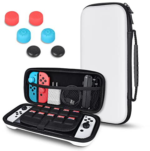 DLseego Funda de transporte compatible con Nintendo Switch OLED, carcasa portátil rígida ultradelgada con 10 soportes para cartuchos de juego y 6 tapas de agarre para el pulgar, color blanco