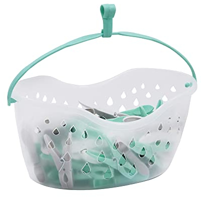 JVL Strong hanging 36 plastic clothes pegs with clear basket and hook, Aqua, Grey, White, One Size, (19-290)