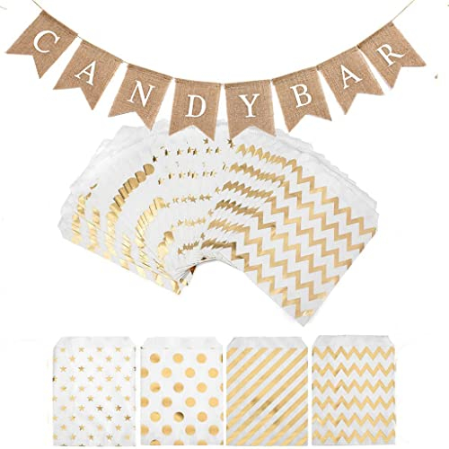 Candy Bar Dekoration Zubehör set, candy bar deko set ,Candy Bar Girlande Banner +100 Stück gold Candy Bar tüten + 100pcs Sticker Candy Bar Zubehör für Hochzeit Party Geburtstag Deko