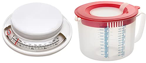Dr. Oetker 1531 Backwaage Ø 17 cm, analoge Haushaltswaage (Farbe: weiß) & Mess- und Rührbecher 2,2 L, Messbecher mit unterschiedlichen Messskalen (Farbe: Rot/Transparent), Menge: 1 Stück