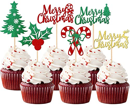 SYKYCTCY 36 Pack Merry Christmas Cupcake Toppers with Holly Leaves, Berries, Santa Hat, Xmas Tree, Merry Christmas & Xmas Theme Party Cake Decorations