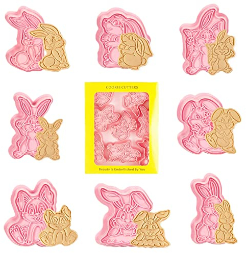 Moldes de Galletas Pascua, 8 Piezas Molde Galletas Animales, Cortadores de Galletas, Cookie Cutter Conejo, 3D Cortadores Galletas, Plástico Corta Galletas para Decorar Galletas, Reposteria (Forma B)