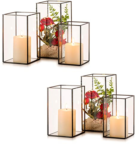 Nuptio Bougeoir en Verre Hurricane: 6 Bougeoirs Transparents pour Pilier, Lanternes Noires Décoratives D'intérieur pour Cheminée Centre de Table de Noël Salon Salle À Manger Décoration de Fête