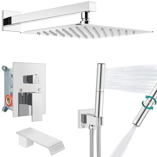 Aolemi Duschsystem Badewanne und Dusche Wasserhahn Combo Polnisches Chrom 10 Zoll Wandhalterung Regendusche Kopf mit 2 in 1 Handbrause und Wasserfall Badewanne Auslauf Grobventil Badewanne Dusche
