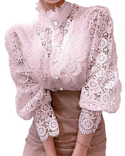 ORANDESIGNE Femme Chemisier Dentelle Chemise Victorien à Manche Longue Chemisier Ajouré Top Blouse Renaissance Elégant Vintage Mode Casual Couleur Unie Ample Lace Tunique Shirt A Rose XS