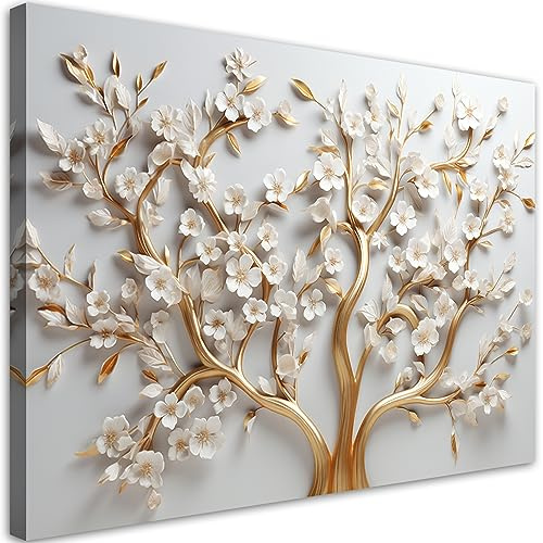 Feeby Bilder Blumenmotiv Blumen 3D 45x30 cm 1 tlg Modern Leinwandbilder Bild auf Leinwand Kunstdruck Wand Bild Wanddeko Design Schlafzimmer Büro Flur Hotel Spa Wohnzimmer Pflanzen Natur Botanik Gold