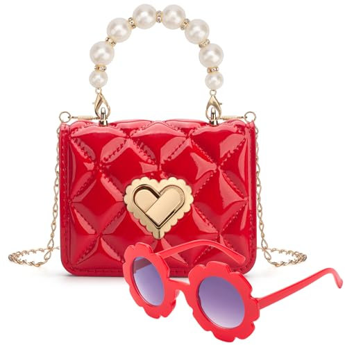 RSXING Kinder Umhängetasche Mädchen Handtasche - Verstellbarem Gurt Perlen Handtasche - Prinzessin Mini Tasche Kinder Schultertasche Geschenke für 3 4 5 6 jährige Mädchen(rot)