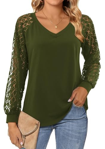 Beluring Womens Tops Casual V Neck T Shirt Elegant Lace Long Sleeve Blouse Army Green Size 12 14