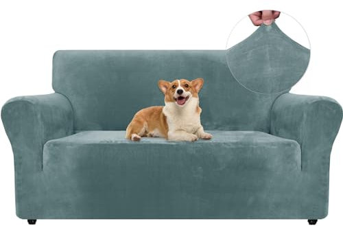 Ystyle Samt Sofabezug 2 Sitzer, Stretch Sofa Überzug, Sofaschoner rutschfest, Elastischer Couch Überzug, Sofa Cover Mit Armlehnen, Couchüberzüge Sofaschutz Katze Couch Überwurf, Grau Blau