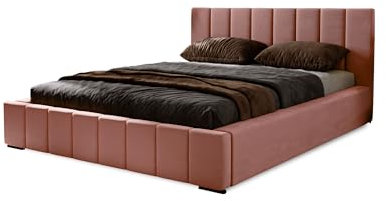 MARPUR Polsterbett Nero mit Kopfteil, 160x200 cm, Doppelbett mit Bettkasten und Lattenrost aus Holz, Velourstoff: Rosa