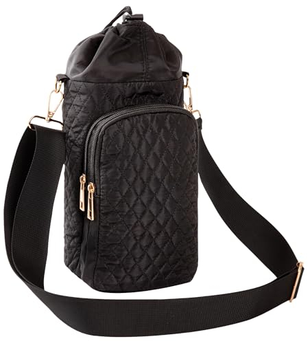 AGX Bravo Water Bottle Bag 32/40oz Sports Water Bottle Holder with Strip Water Bottle Sling Crossbody Carrier Bag with Adjustable Shoulder Strap Pockets for Men/Women Walking Hiking (Quilted Black)