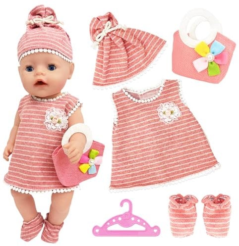 Baby Doll Clothes Outfits, Doll Clothes Dress for 14-18 Inch Born Baby Dolls with Sweet Bag Hat Sock and Doll Clothes-hanger, 35- 45 cm New Doll Clothes Outfits Girls Birthday (Not Include Doll)