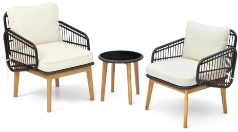 LIFEZEAL 3 teiliges Gartenmöbel-Set Rattan, 3-TLG. Bistroset aus Gartenstühlen & Beistelltisch, Balkonmöbel Holz aus Korbgeflecht mit waschbaren Kissen, Gartensitzgruppe Outdoor