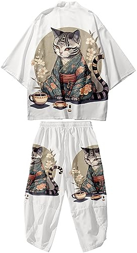 DOSLAVIDA Ensemble cardigan kimono japonais pour homme style chinois avec veste imprimée et pantalon, haut à sept manches et short, taille L, 02-gris