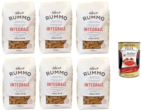 Italian Gourmet Pasta Integrale Fusilli N°48, Vollkornnudeln, 6 x 500g | Sapide semola completa, ballaststoffreich, poröse Oberfläche, nimmt, Gesamtnettogewicht 3 kg + Kostenlos Polpa 400g