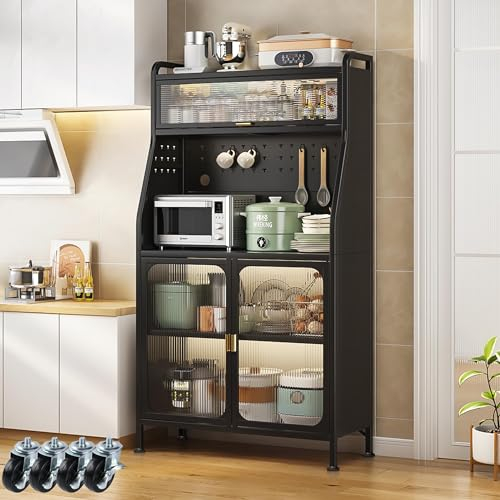Fiutazge Alacena de Cocina, Armario Despensa Cocina, De Acero al Carbono, Armarios de Cocina con Ruedas,ParticióN Ajustable y Puertas Visibles Armario Auxiliar Cocina, 76L X36W X160H Cm, Negro
