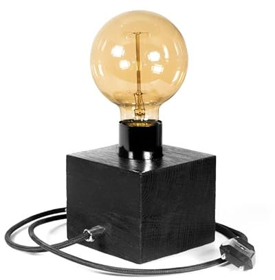 LED Wood Tischlampe Vintage Schwarz - Retro Nachttischlampe aus Eichenholz, Feuerbehandelt - Handgefertigte Tischleuchte mit E27 Edison-Glühbirne 40W - Steampunk Lampe für Schlafzimmer und Wohnzimmer