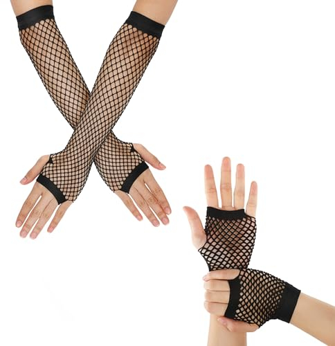 2 Paar Netzhandschuhe Schwarz Netzhandschuhe für Damen Fingerlose Handschuhe Damen Fingerlose Netzhandschuhe Damen Handschuhe 80/90er Retro Party Disco Maskerade Kostüm Zubehör (lang + kurz)(Schwarz)