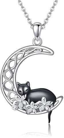 URONE Katze Kette 925 Sterling Silber Katze Mond Anhänger Halskette Katze Schmuck Geschenke für Damen Mädchen